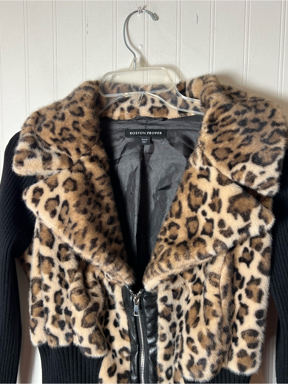 Boston Proper Leopard Faux Fur Zip Up Cardigan - Picture 3 of 7
